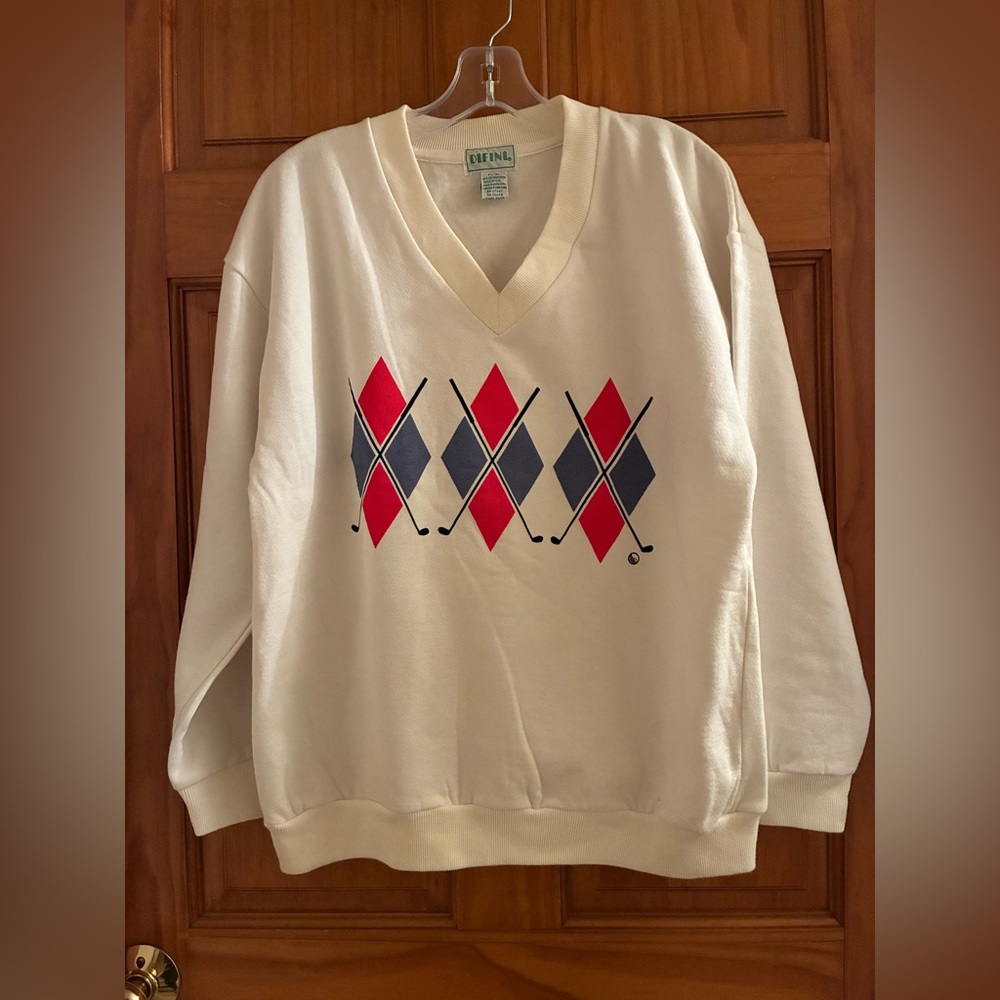 Vintage Di Fini Golf Sweatshirt V-Neck Argyle Golf Clubs 80s 90s Size Medium